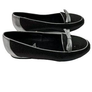 Joan Boyce Slip On Flats Shoes Size 7 Black Silver Bow Loafers Comfort Shimmer